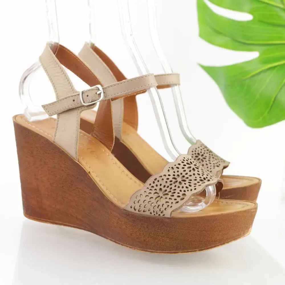 Mariella Womens Sandal Size 8.5 Tan Leather Wedge Platform Ankle Strap Shoe Boho